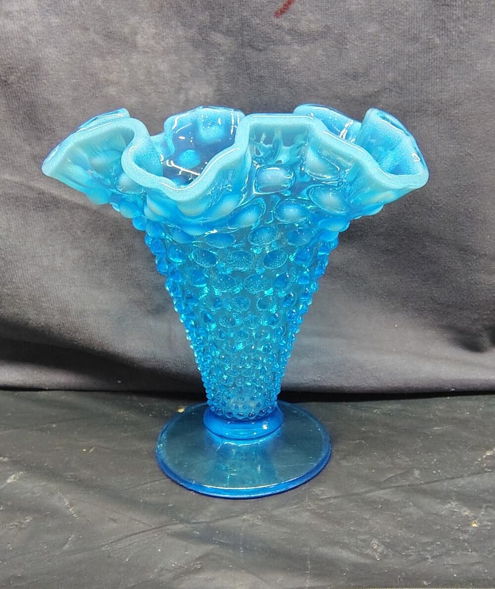 Fenton Blue Hobnail Opalescent Crimped Ruffled Vase